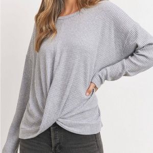 GREEN Paper Crane Long Sleeve Twist Front Brushed Waffle Top